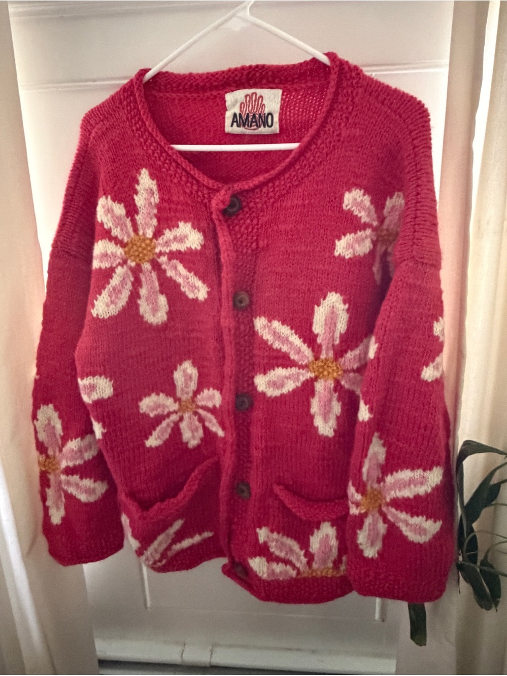 Vtg Amano 100% Wool Women's Pink daisy Chunky Knit Cardigan Sweater Size S/M